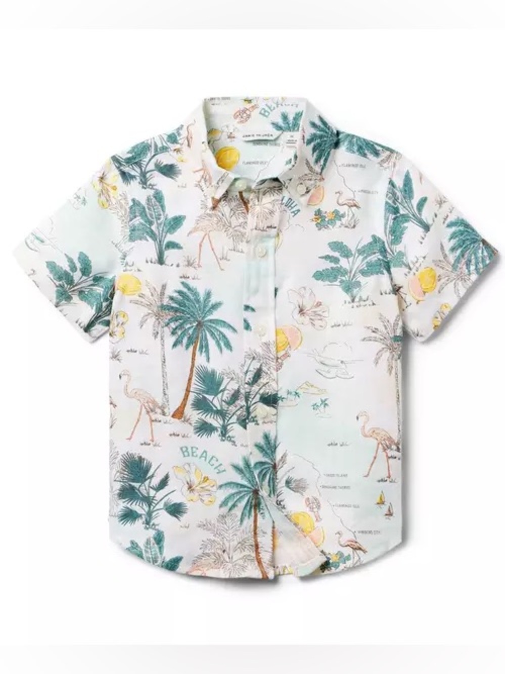 Janie & Jack Button Down Shirt Boys 8 Linen Short Sleeve Allover Tropical Print